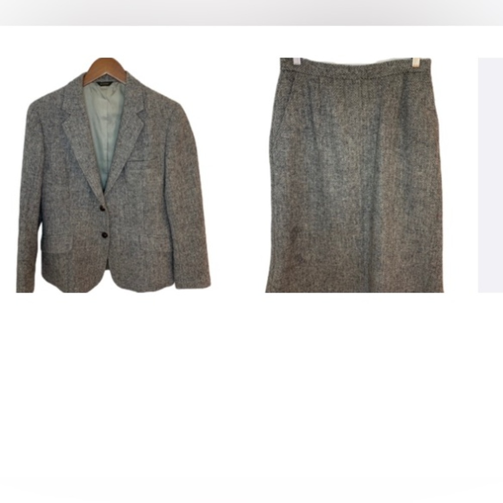 Vintage Lady Halrin Harris Tweed Women’s Blazer Skirt Suit Size 12 Gray Wool